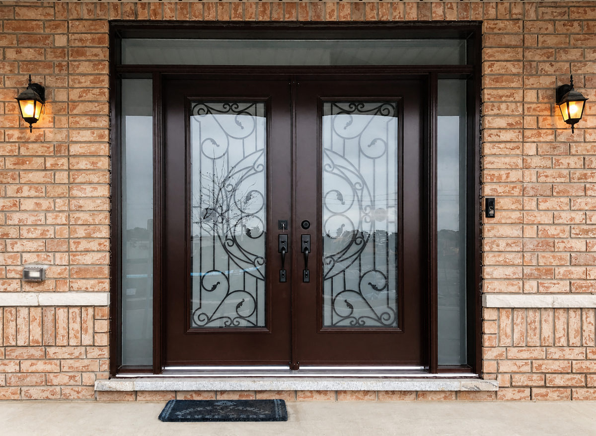 Dark brown double entry doors with decorative wrought iron scrollwork glass inserts, frosted sidelites and a transom, in a brick facade