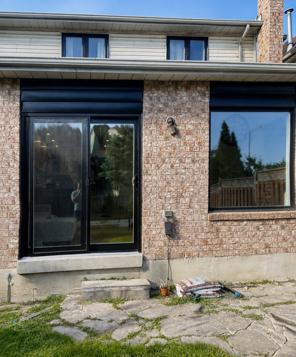 Black sliding patio door in a light brick rear wall beside a large black-framed picture window, above a flagstone patio